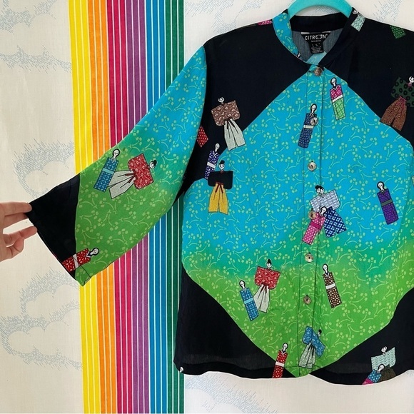 CITRÓN Santa Monica colorful blouse geisha figure pattern small - Picture 4 of 6